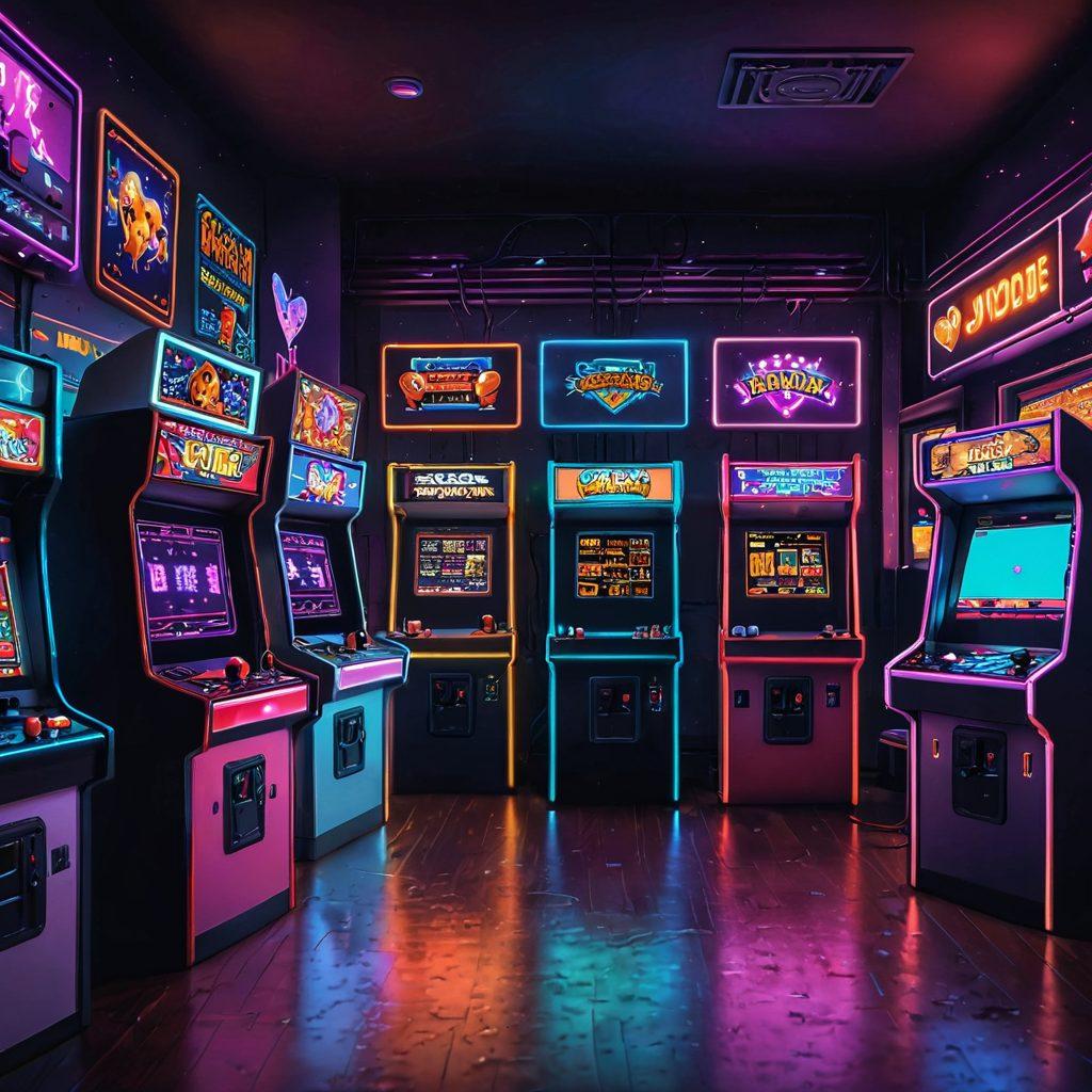 A vibrant, pixel art scene showcasing a retro arcade room filled with classic gaming machines. In the foreground, a couple with pixelated hearts above their heads is joyfully sharing a gaming experience while nostalgic 8-bit characters surround them, symbolizing love and affection. The background features neon colors and glitchy effects, enhancing the sense of nostalgia. Super-realistic. Vibrant colors. Pixel art.
