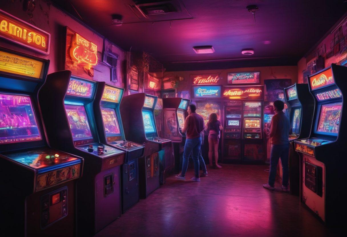A lively arcade scene filled with friends celebrating while playing retro video games, vibrant neon lights illuminating their faces, classic arcade machines in the background, nostalgic posters from the 80s and 90s on the walls, joyful expressions and camaraderie enhancing the atmosphere. vibrant colors. super-realistic. dynamic composition.