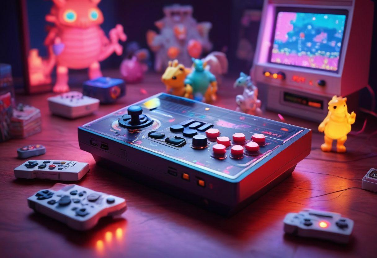 A vintage gaming console with colorful retro controllers scattered around, surrounded by pixelated hearts and nostalgic game characters like a pixelated knight and dragon battling in the background. The scene is illuminated with soft neon lights, evoking a sense of warmth and nostalgia, as if stepping back into a classic arcade. super-realistic. vibrant colors. 3D.